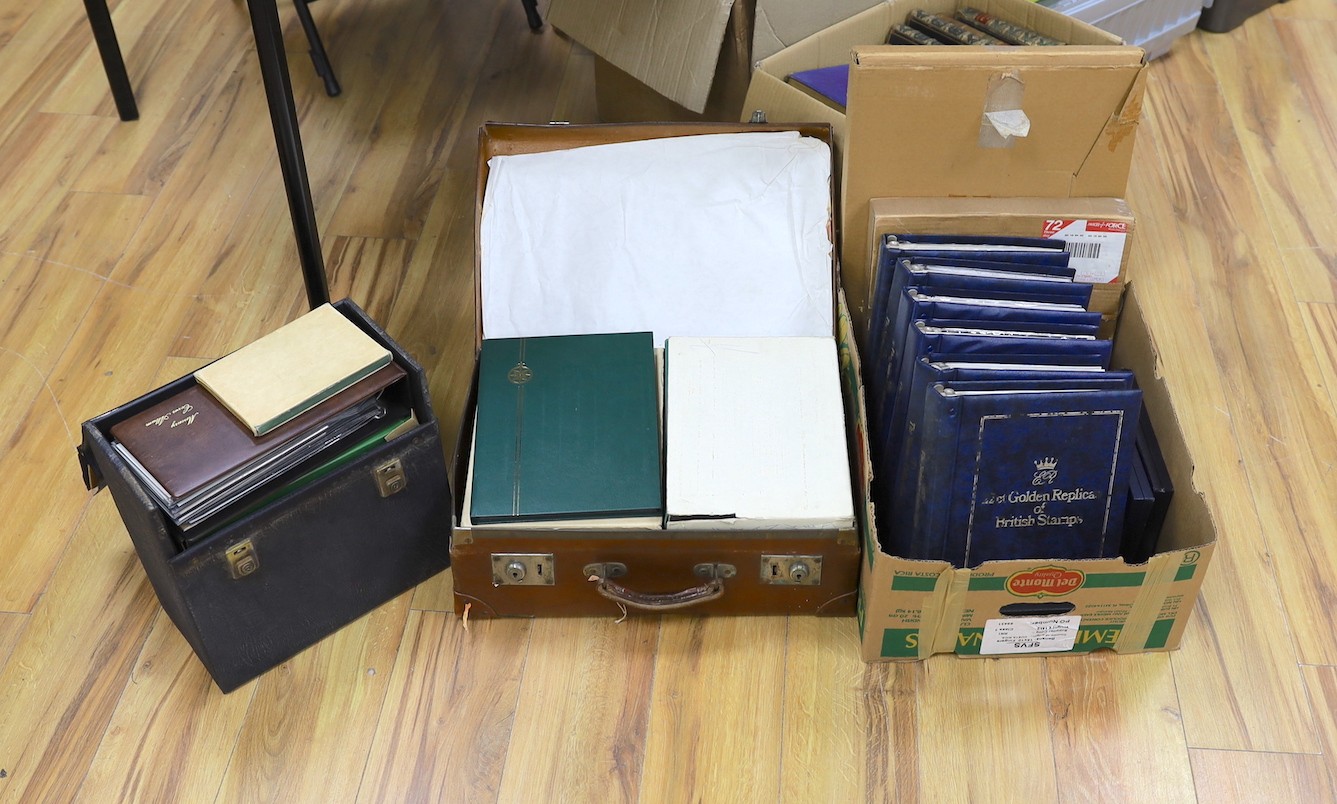 Stamp collection, including first day covers, albums etc, in a box, a suitcase and black container.